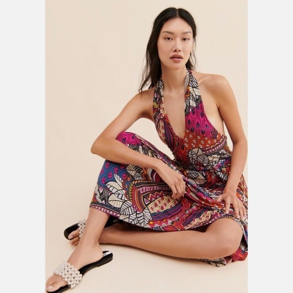 Anthropologie Maeve Cynthia Halter Maxi Dress XS P Pink Multi Geo Jersey Hippie - Picture 2 of 5